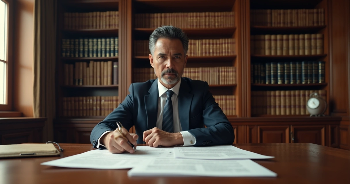 Advogado analisando documentos legais em escritório com cadeira de couro e estante cheia de livros jurídicos