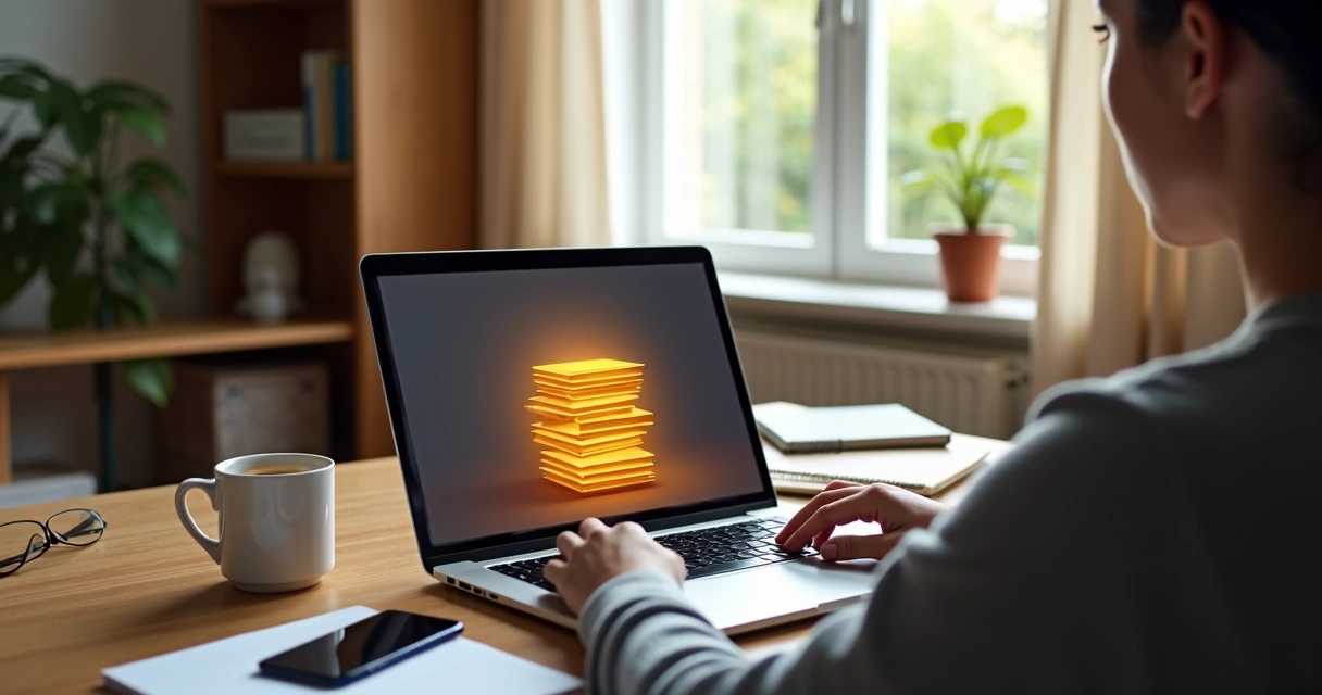 Pessoa estudando em casa com laptop e certificados digitais na tela