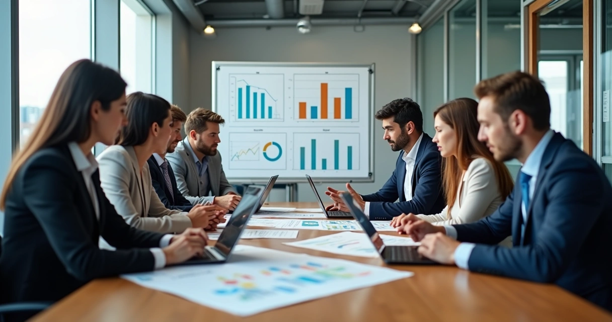 Equipe de consultoria de RH em reunião discutindo estratégias de gestão com gráficos e laptops ao redor