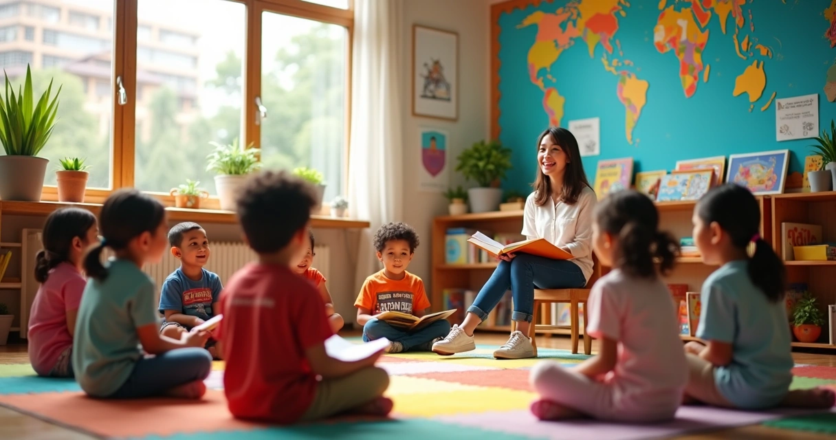 Educador contando história para crianças sentadas em círculo em ambiente escolar colorido