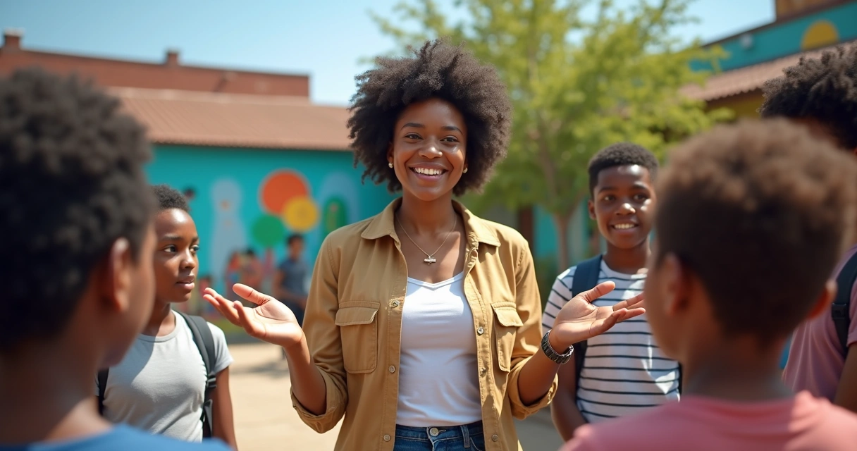 Educador social orientando grupo de jovens em ambiente comunitário, com expressão de atenção e diálogo aberto