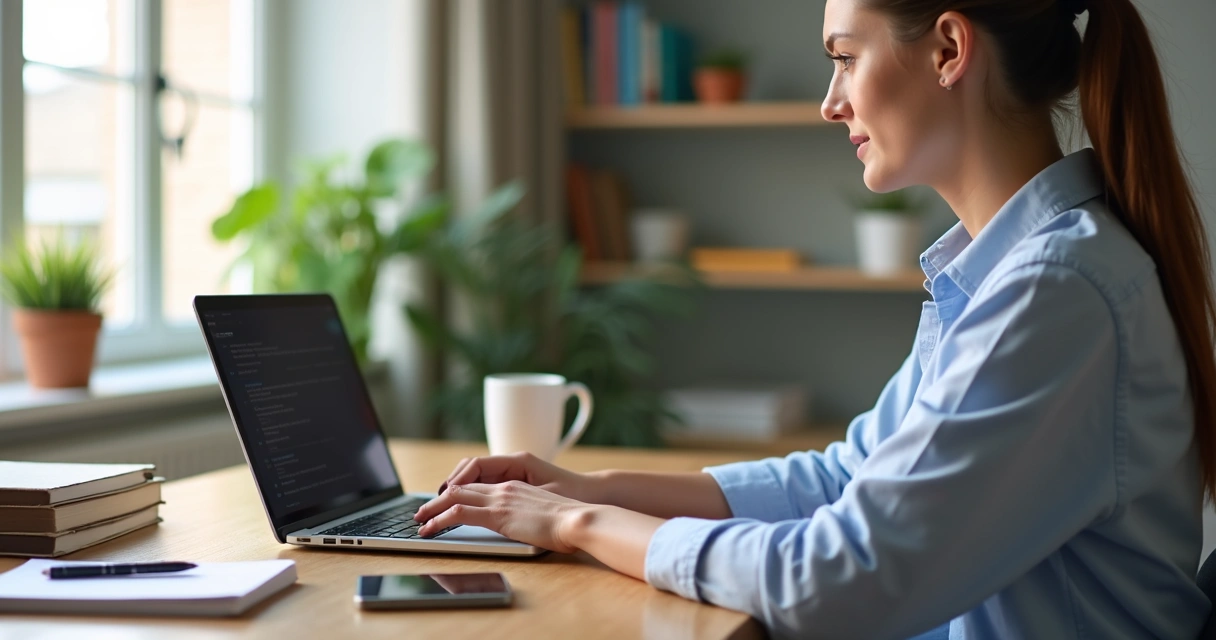 Pessoa estudando em um ambiente organizado com computador e material didático para cursos online