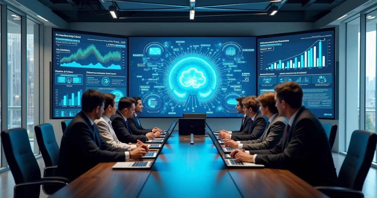 Sala de reunião moderna com telões exibindo gráficos de dados e inteligência artificial aplicada nos negócios
