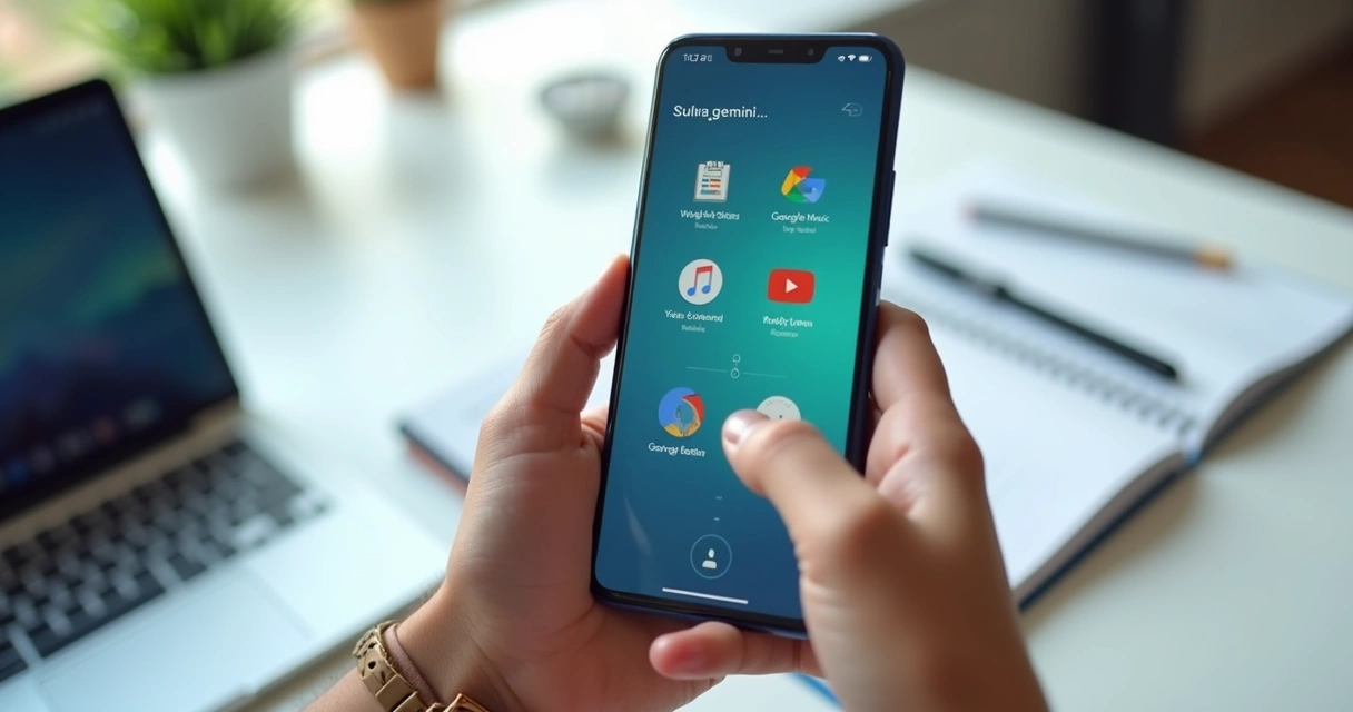 Smartphone com o aplicativo Google Gemini aberto na tela, mostrando comandos de voz e integração com Google Workspace