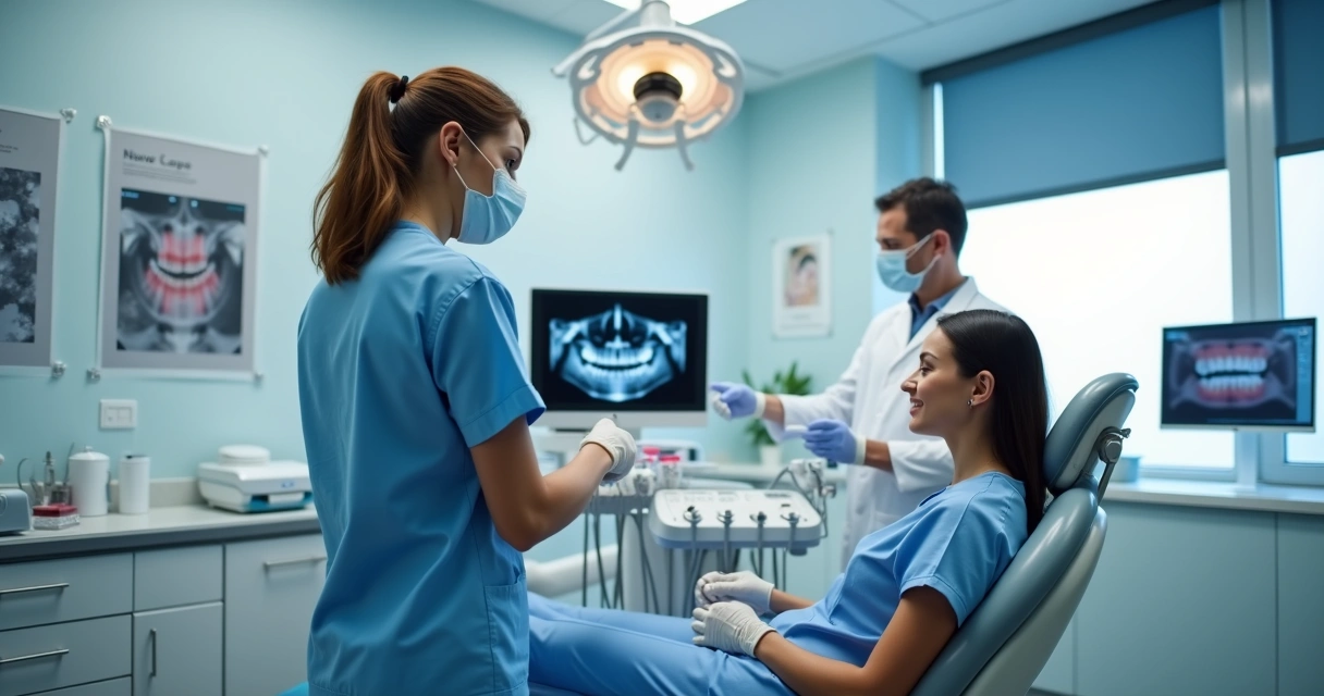 Auxiliar de Saúde Bucal assistindo dentista em consultório odontológico com equipamentos e paciente preparado para atendimento