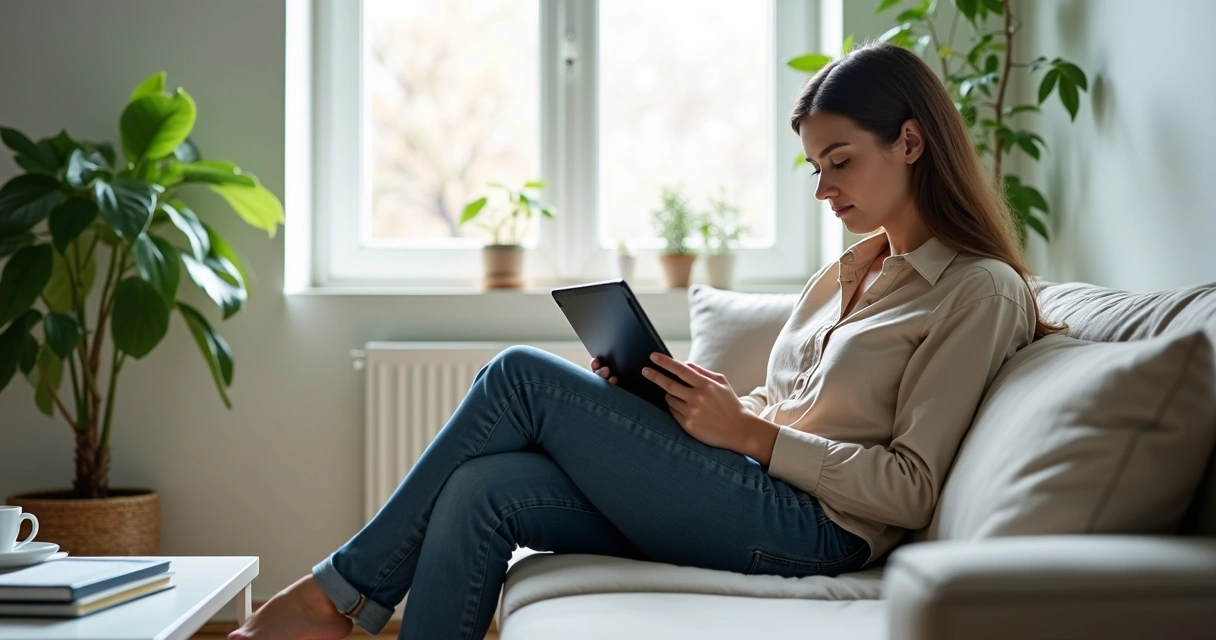 Pessoa estudando online com tablet na sala iluminada e ambiente confortável