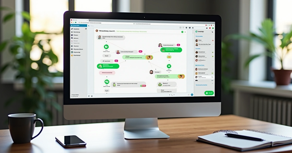Tela de computador exibindo fluxo de automação de leads no WhatsApp com interface da plataforma Lovable detalhada e moderna