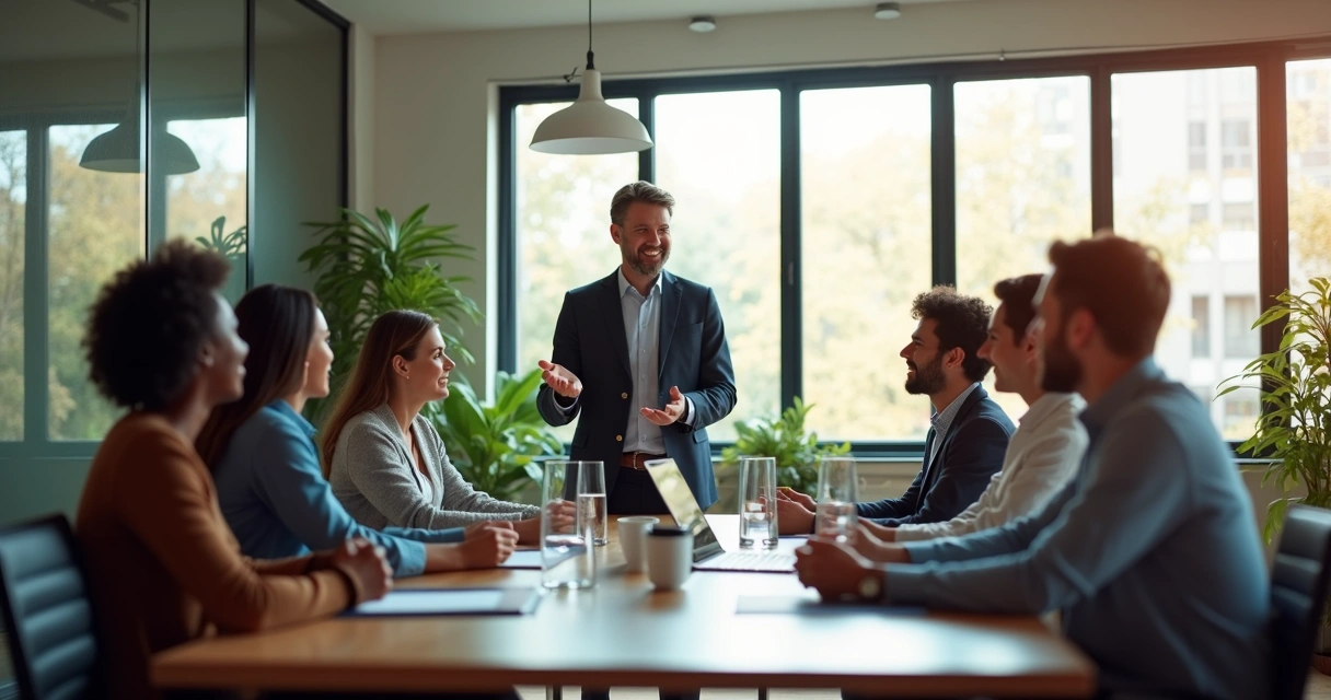 Equipe de trabalho reunida em ambiente corporativo moderno, líder apresentando ideias com comunicação aberta, expressões de atenção e colaboração visíveis, iluminação natural suave, plantas ao fundo, atmosfera acolhedora e profissional