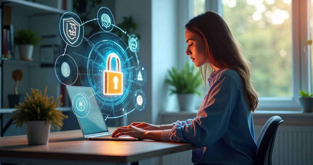 Pessoa usando laptop com cadeado digital flutuante e símbolos de segurança cibernética ao redor