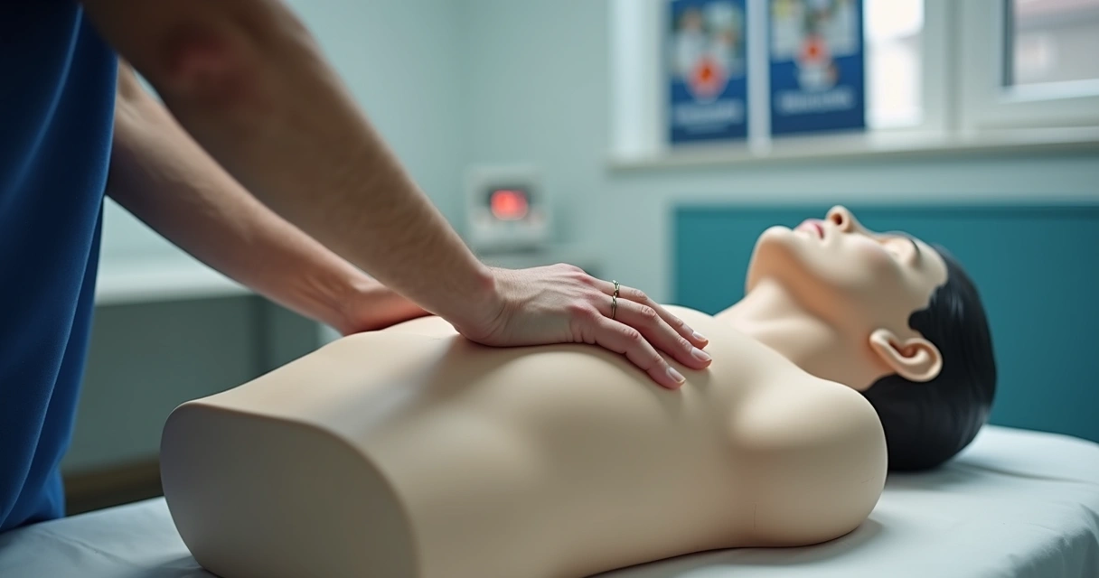 Pessoa realizando compressões torácicas em manequim para treinamento de Suporte Básico de Vida