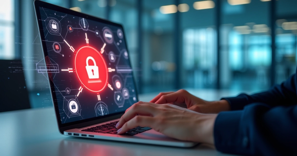 Pessoa usando laptop com tela mostrando aviso de fraude em cursos online, ambiente claro e moderno, detalhes digitais e ícones de segurança