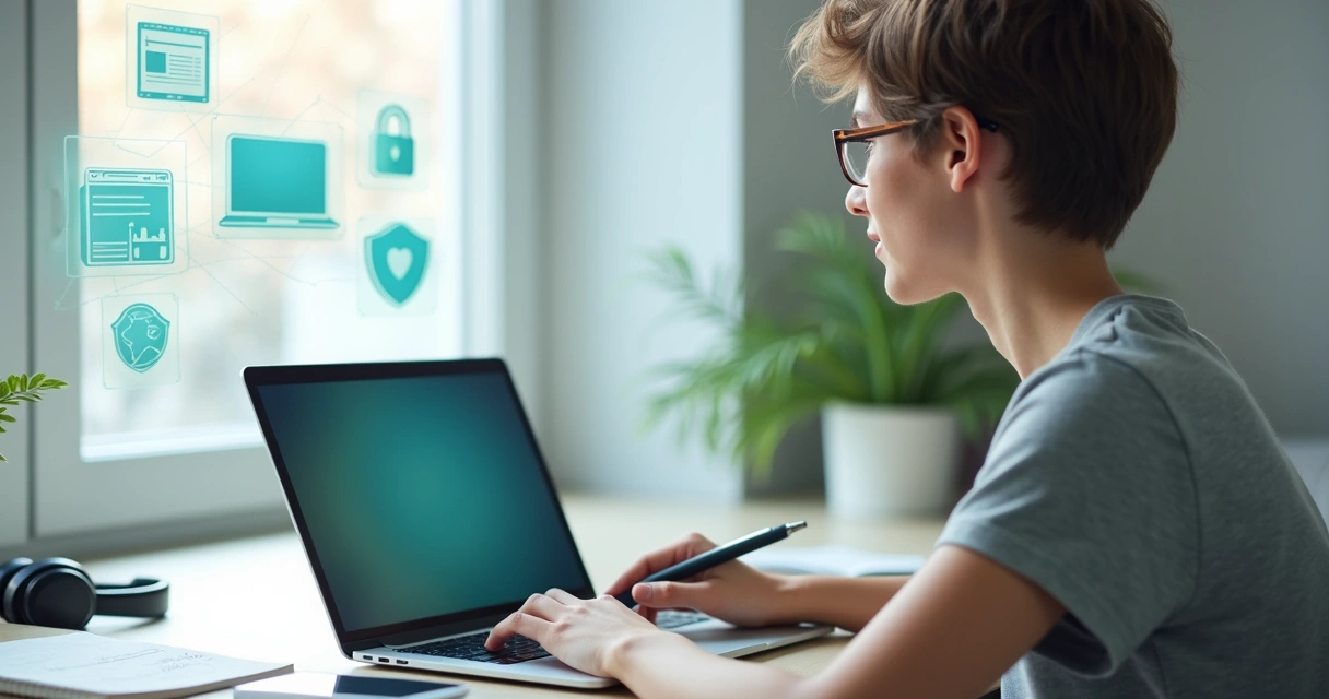 Pessoa estudando informática básica em notebook com ícones de tecnologia ao fundo