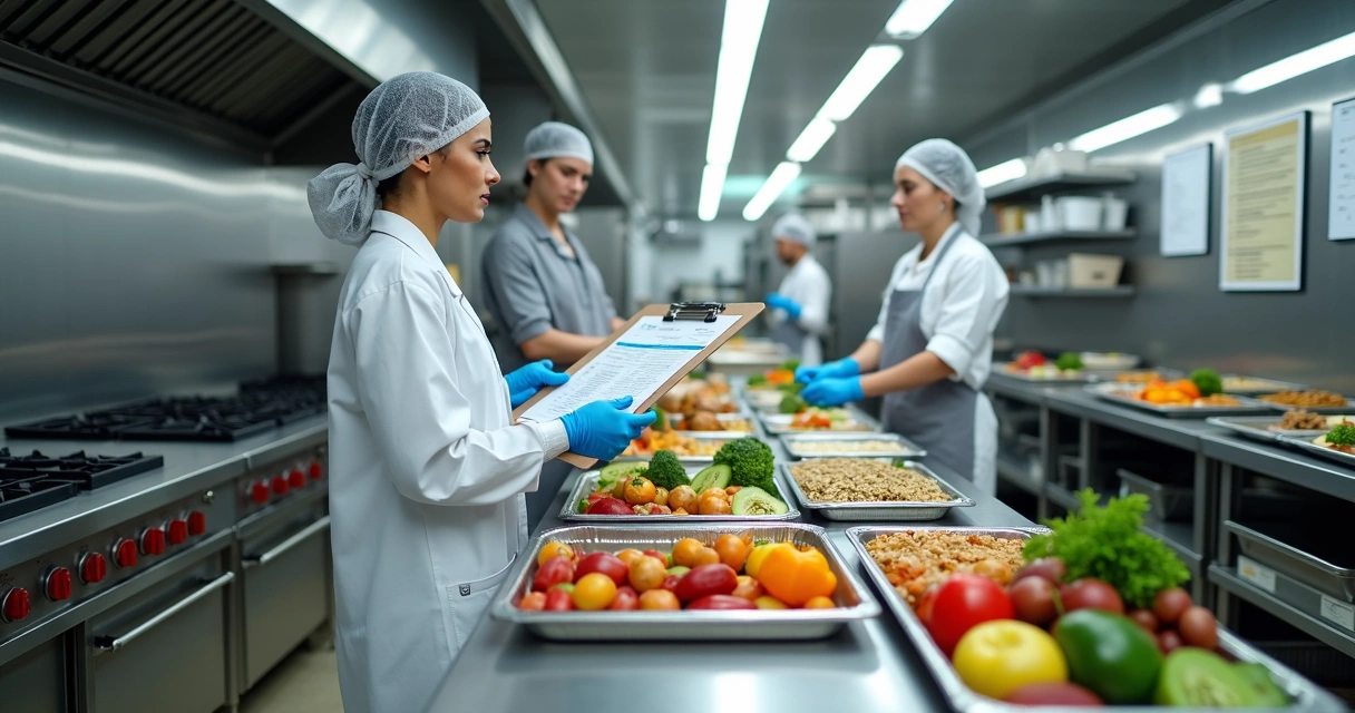 Equipe de nutricionista e cozinheiros em cozinha industrial planejando cardápio de UAN