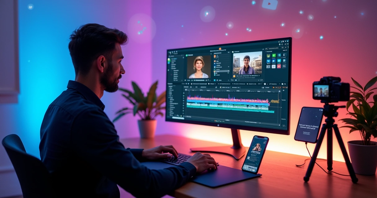 Pessoa editando vídeo profissional com ferramentas de IA na tela do computador