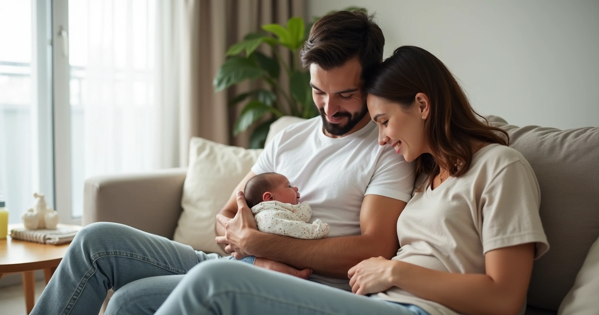 Pai sentado no sofá segurando recém-nascido ao lado da mãe sorridente em casa