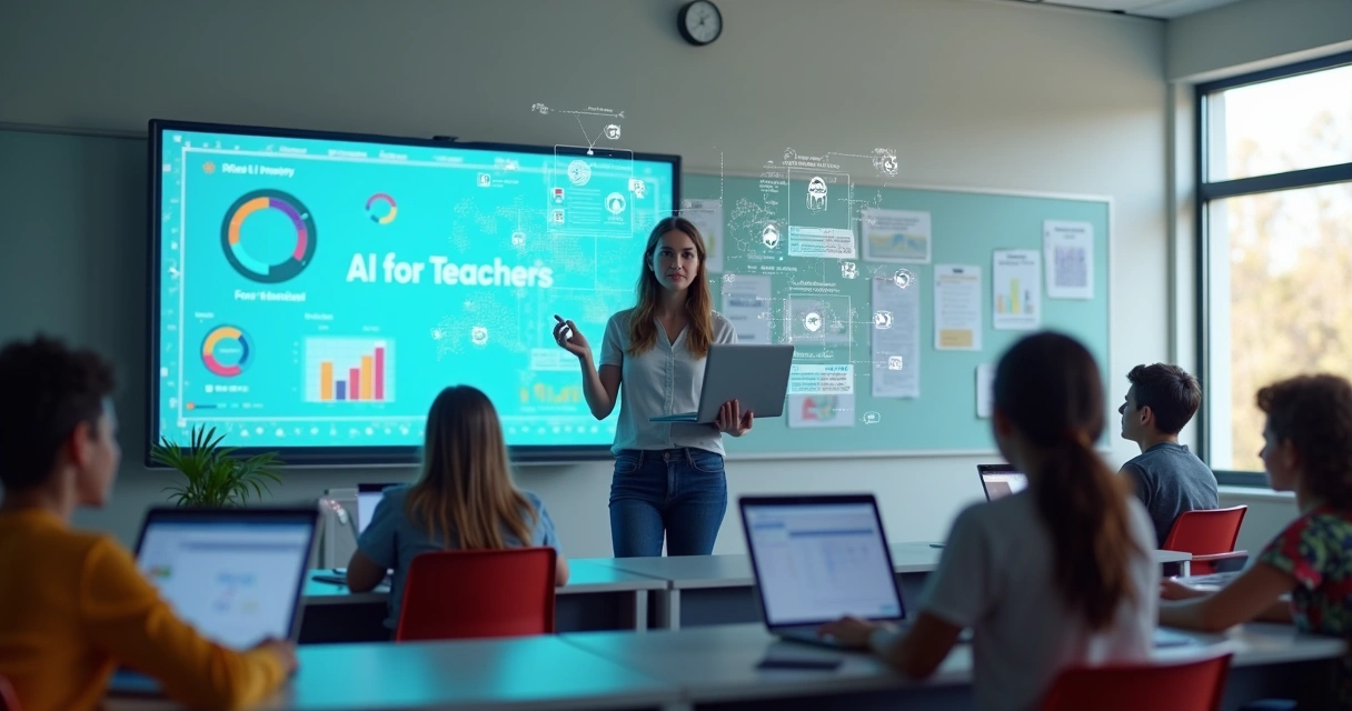 Professora usando notebook com painel de inteligência artificial em sala de aula moderna