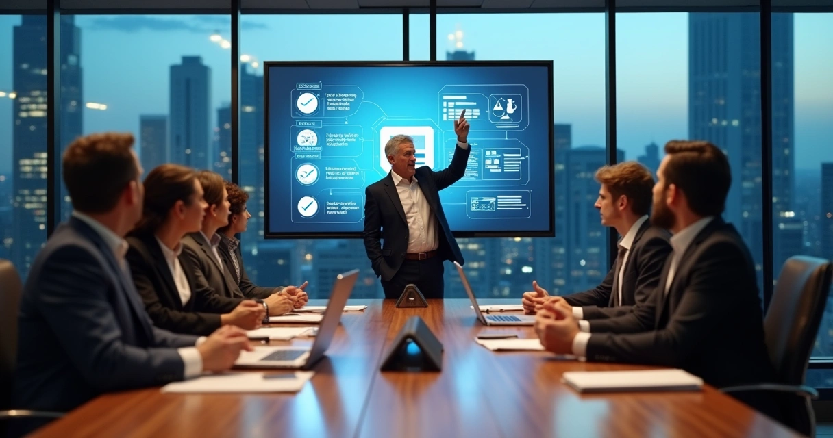 Equipe executiva analisando políticas de compliance corporativo em reunião moderna