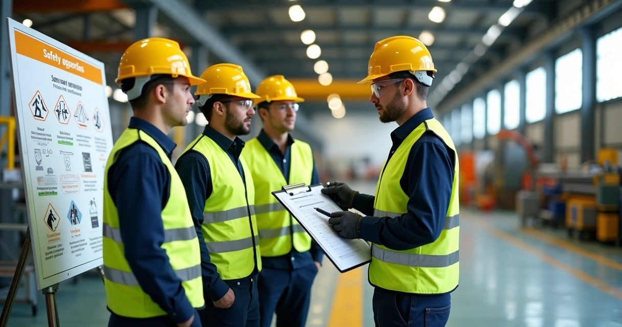 Profissionais usando EPIs em ambiente industrial seguindo normas de segurança do trabalho