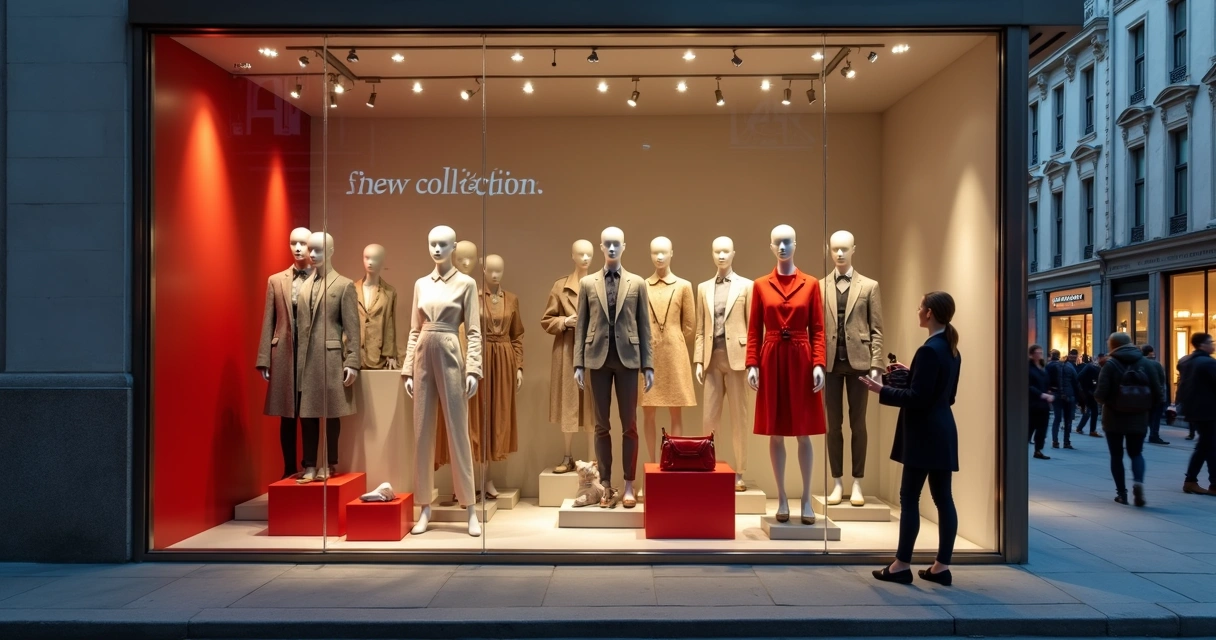 Vitrine de loja de moda bem iluminada com vitrinista ajustando a exposição dos produtos