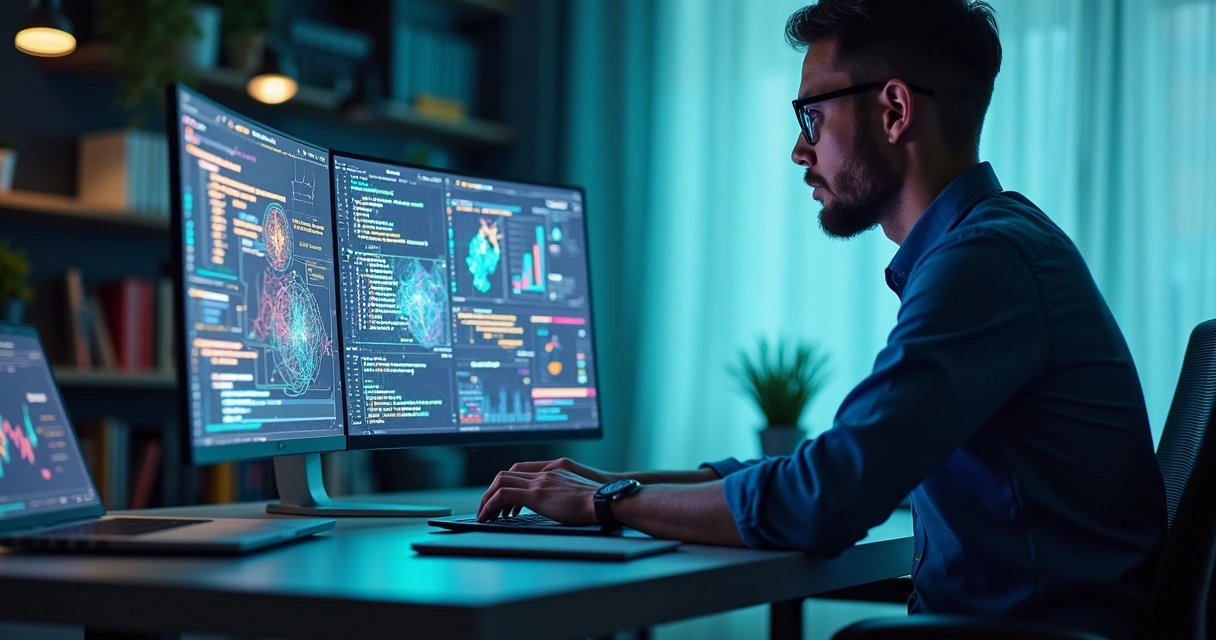 Profissional analisando gráficos de machine learning em tela holográfica