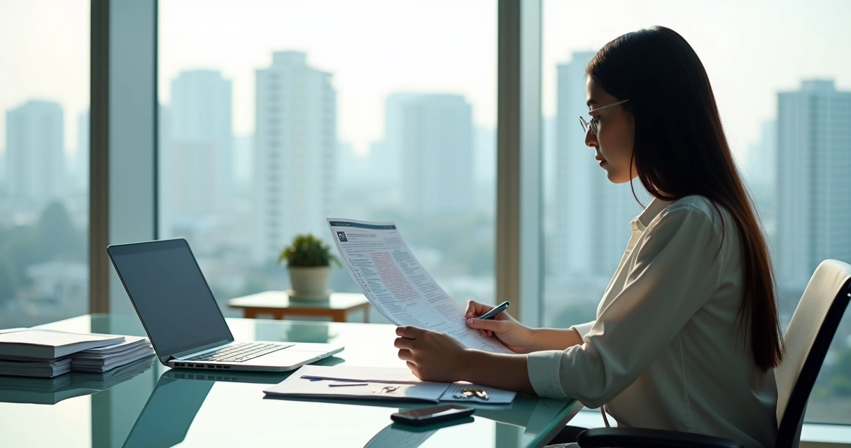 Corretor de imóveis analisando documentos do CRECI em escritório moderno