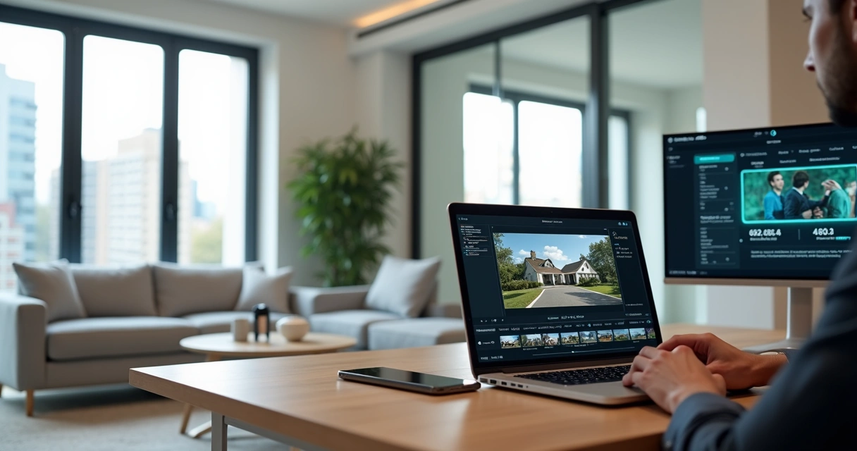 Corretor analisa vídeo de imóvel com painel de inteligência artificial na tela do notebook