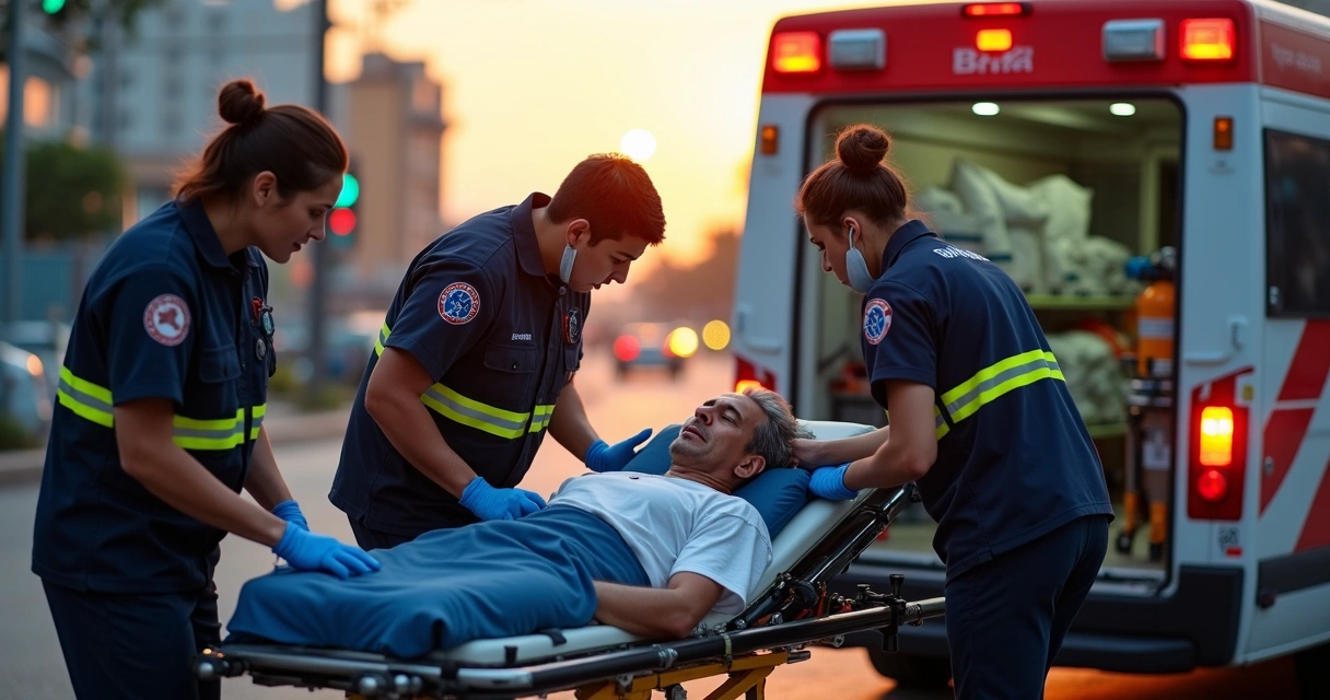 Equipe de atendimento pré-hospitalar prestando socorro a paciente ao lado de ambulância