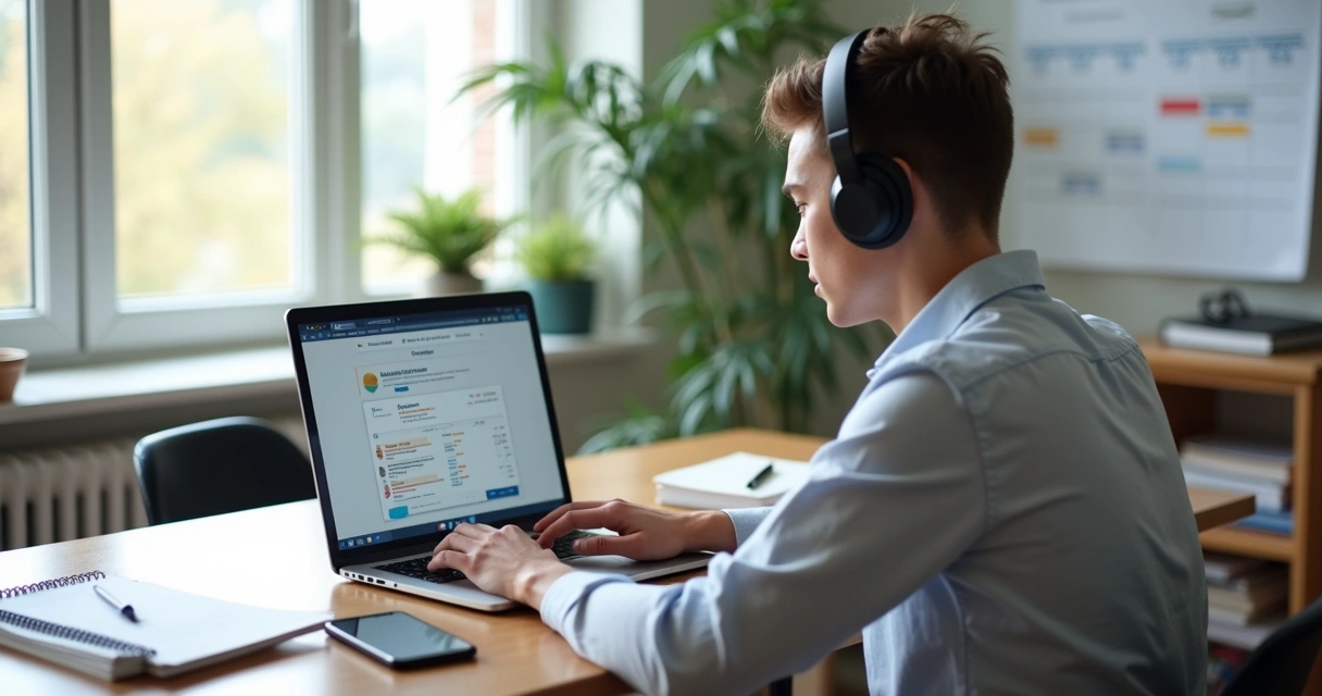 Estudante universitário em casa estudando cursos online para horas complementares