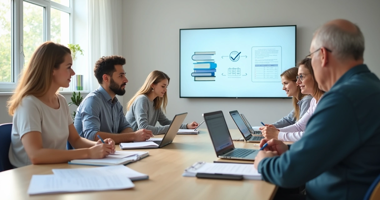 Jovens e adultos estudando em sala de aula moderna com cadernos e notebook