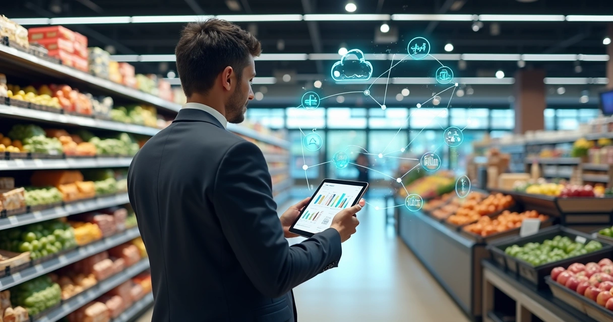 Gerente analisa painel digital de gestão em supermercado organizado