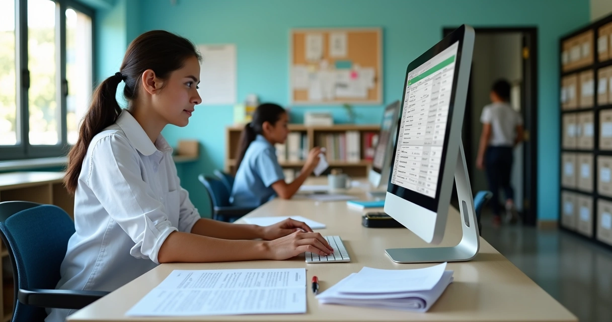 Profissional em secretaria escolar organizando documentos e usando computador