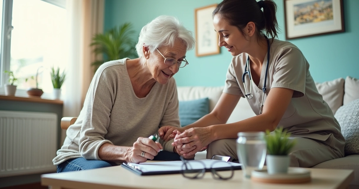 Profissional cuidando de idosa em casa com ambiente acolhedor