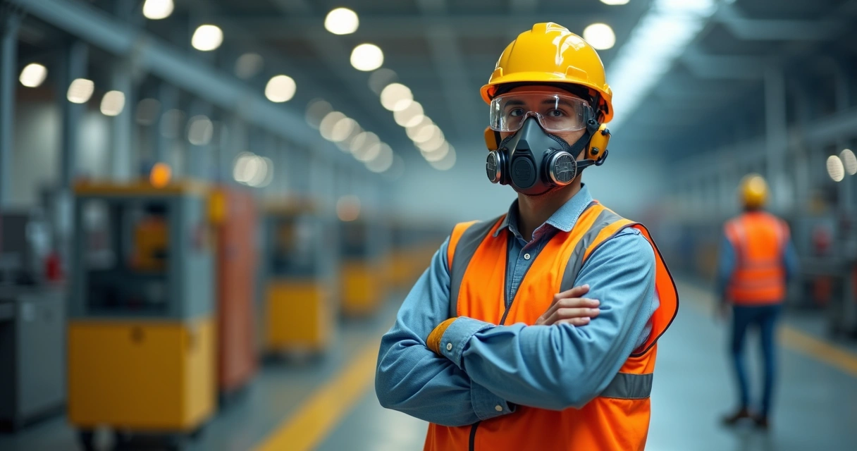 Trabalhador usando equipamentos de proteção individual completos em ambiente industrial
