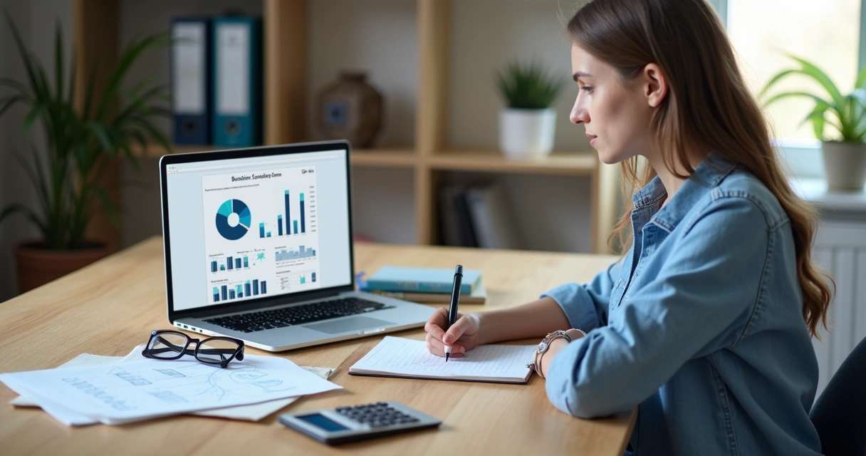 Jovem estudando administração em notebook com gráficos e anotações na mesa