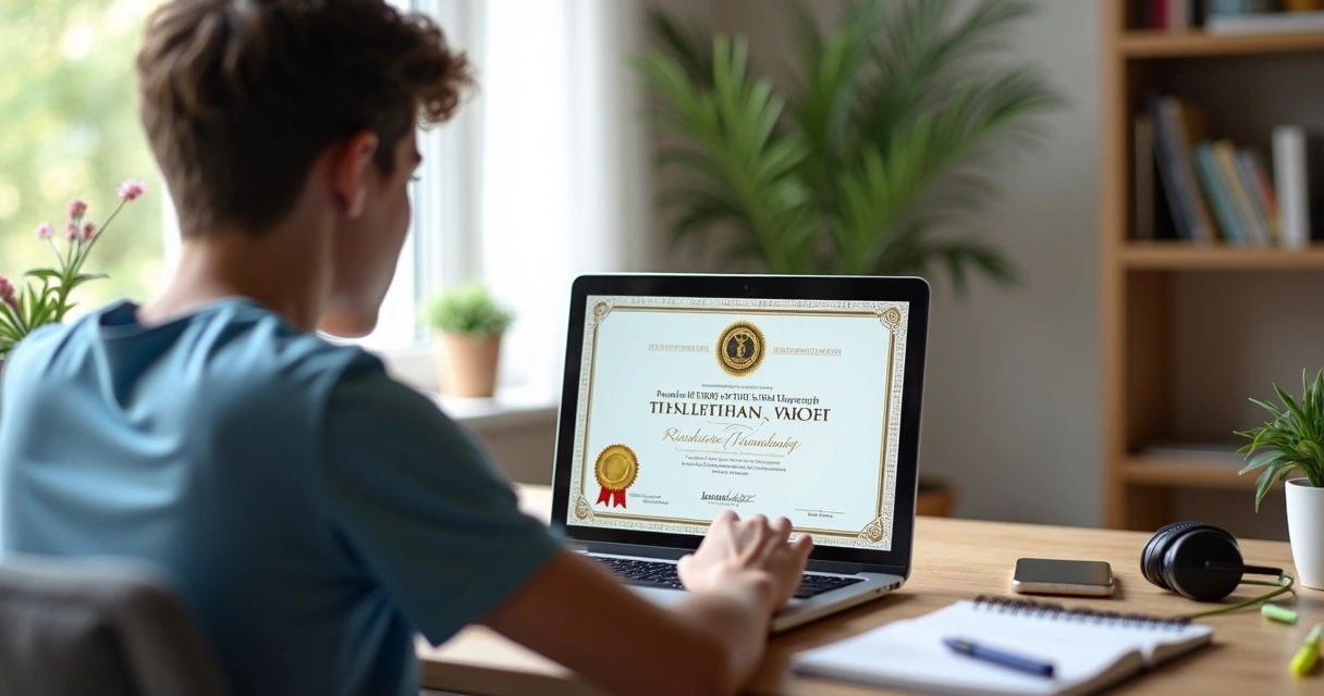 Pessoa estudando em notebook recebendo certificado digital na tela