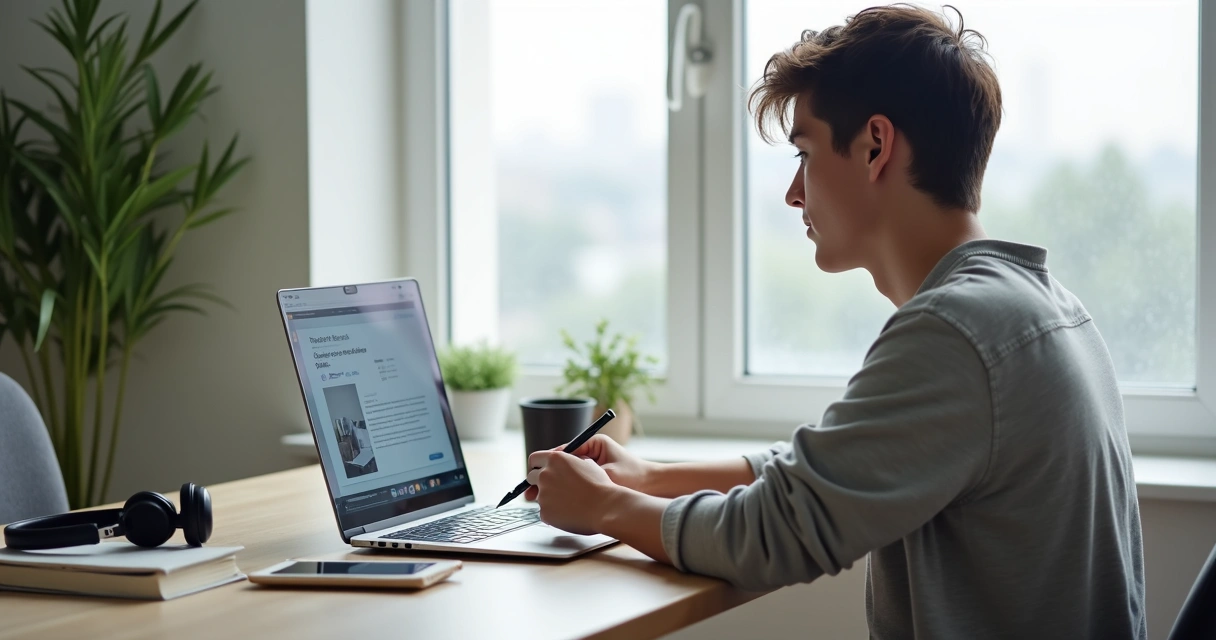 Pessoa estudando em laptop com certificado digital na tela