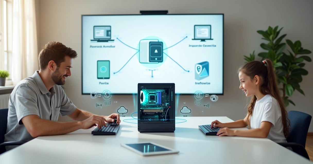 Sala moderna com criança e adulto explorando telas digitais e componentes de computador