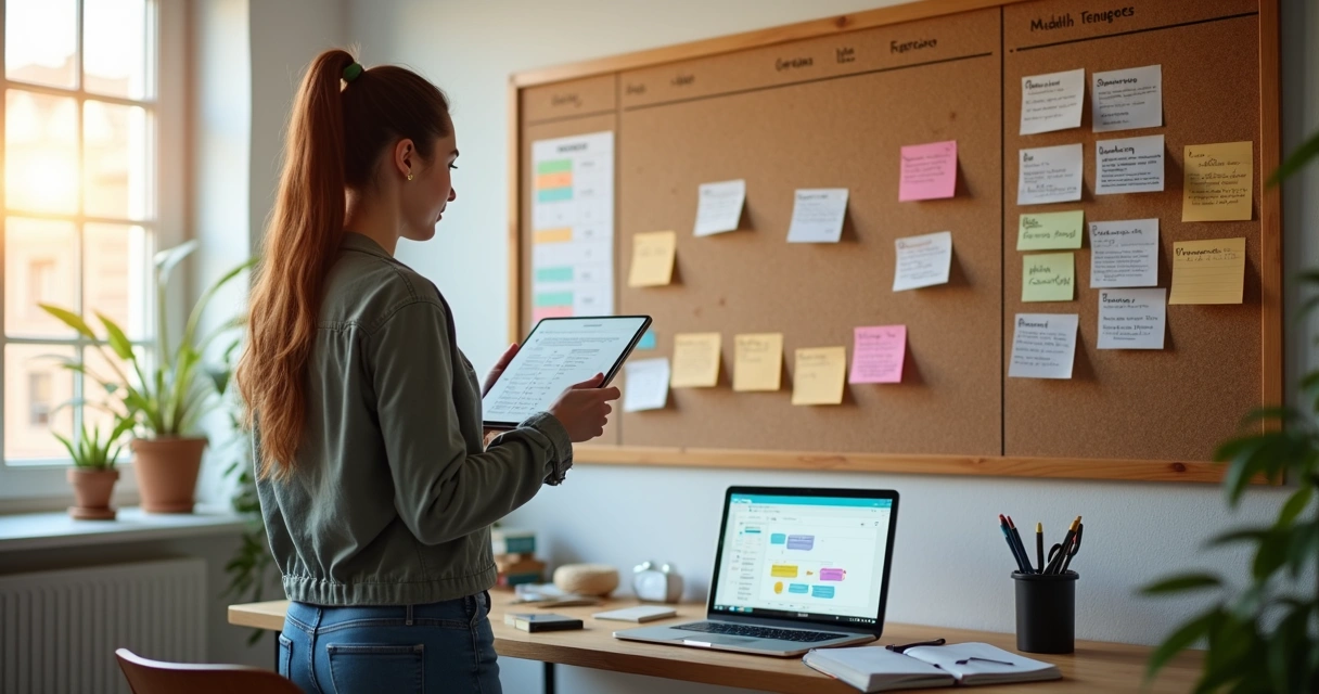 Pessoa organizando plano de estudos online em mural com calendário e lista de tarefas
