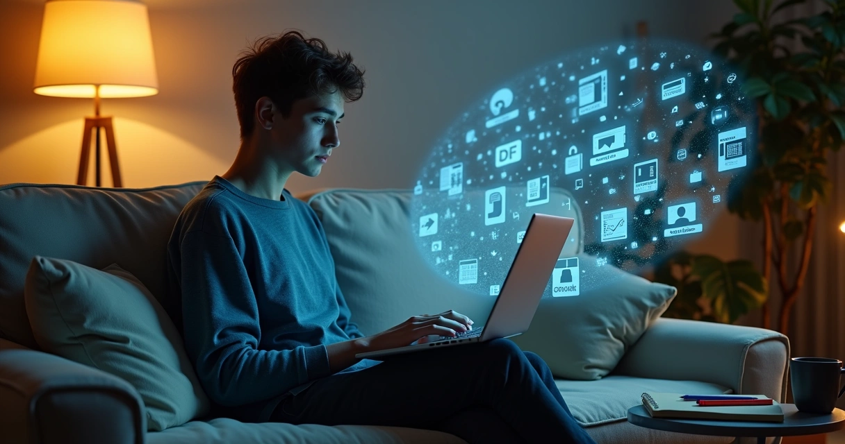 Estudante acessando materiais extras digitais organizados em estante virtual flutuante