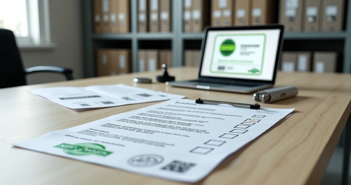 Mesa com certificados online sendo conferidos com carimbo de aprovação