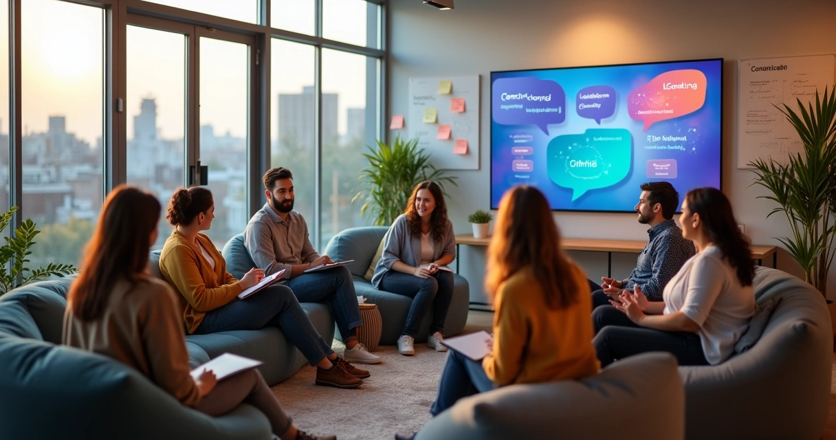 Grupo diverso em roda de conversa colaborando com ícones digitais de soft skills ao fundo