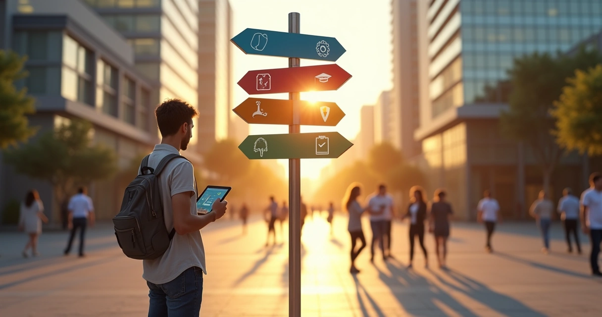 Adulto em mudança de carreira caminhando em rua com placas apontando para novas profissões