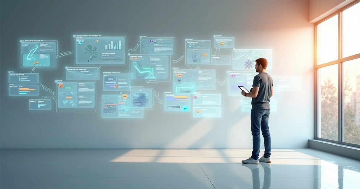 Profissional analisando trilhas de cursos online em parede com paineis digitais