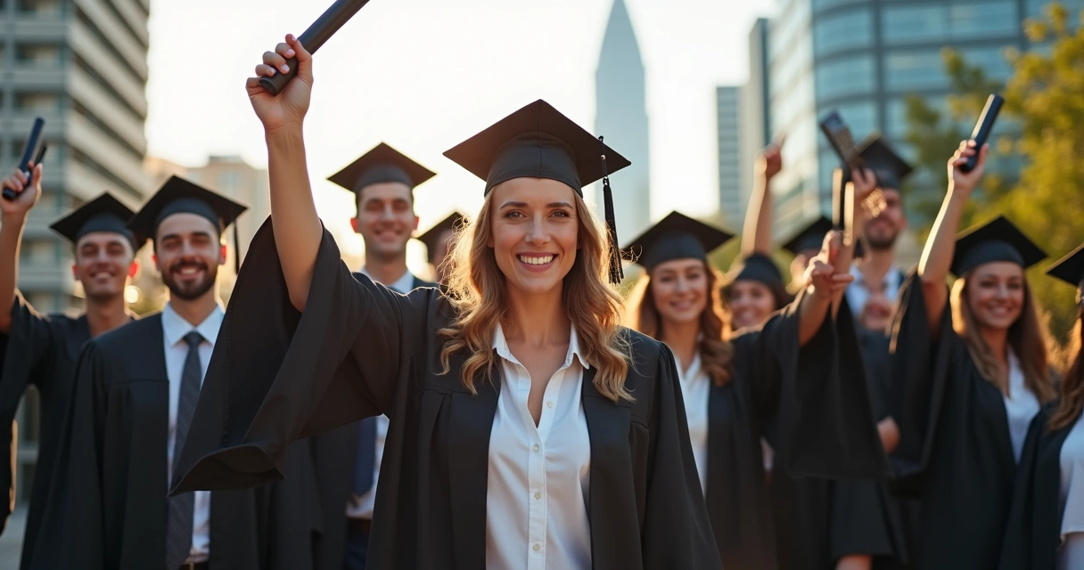 Grupo de adultos com beca de formatura celebrando ao ar livre