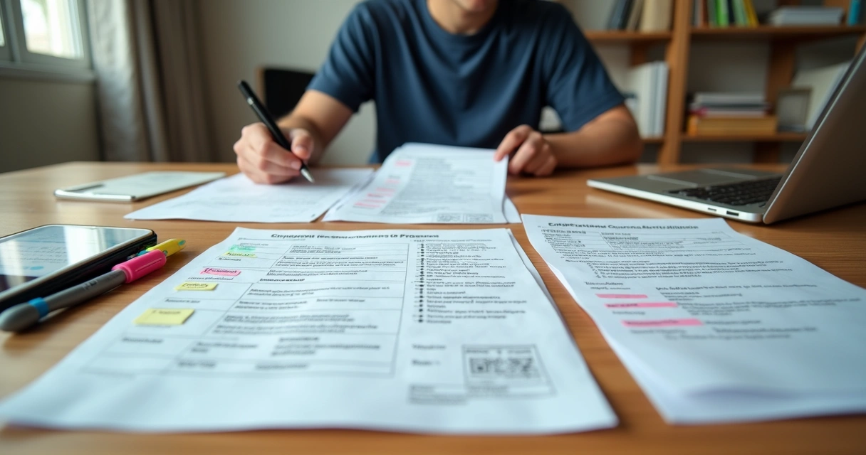 Candidata organizando certificados de cursos livres e edital de concurso em mesa de estudo