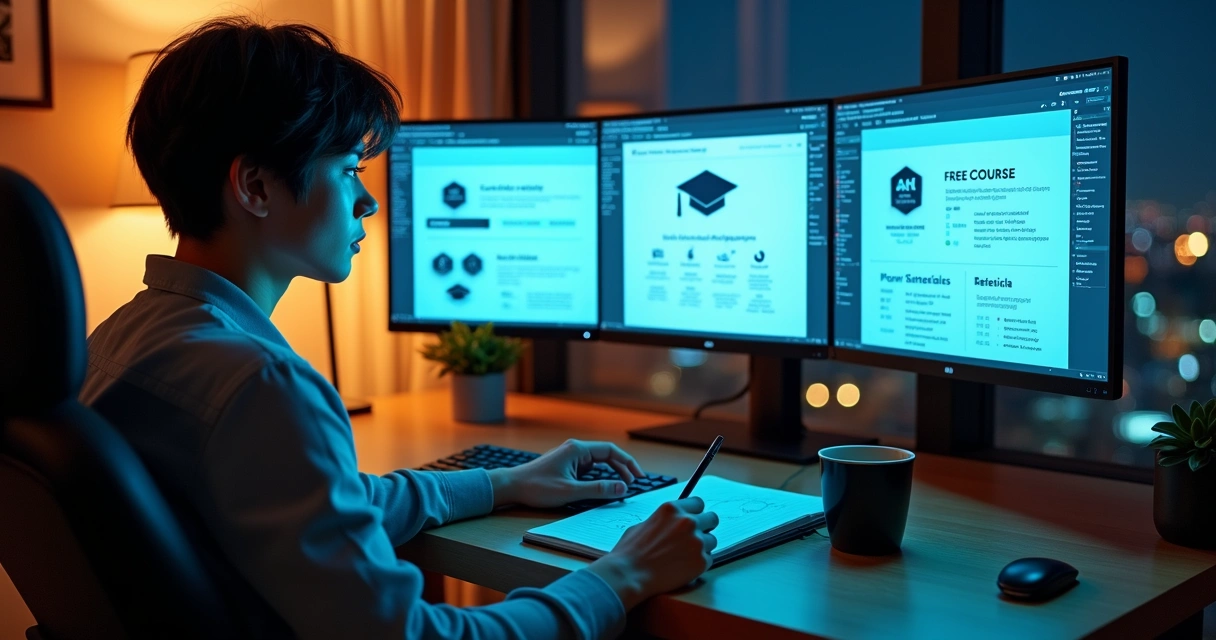 Profissional analisando múltiplas plataformas de cursos online com certificados em grande monitor ultrawide