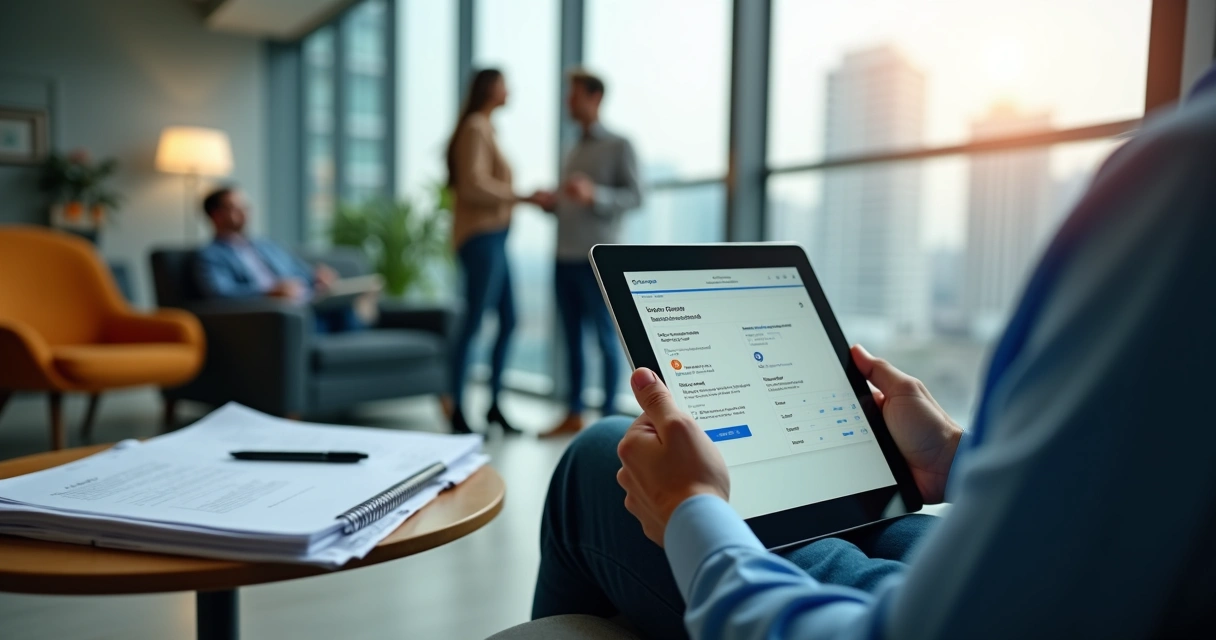 Profissional adulto estudando curso livre online em tablet durante pausa no trabalho