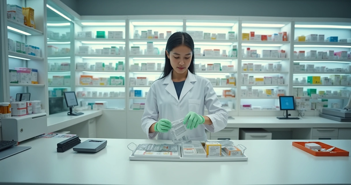 Técnico em farmácia organizando medicamentos em prateleiras atrás do balcão