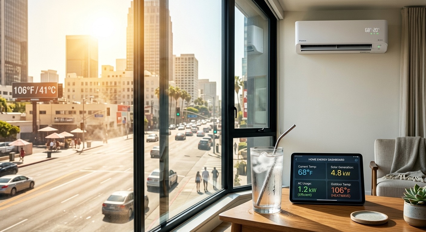 Ar-condicionado mantém ambiente a 20°C enquanto painel inteligente monitora energia sob calor externo de 41°C