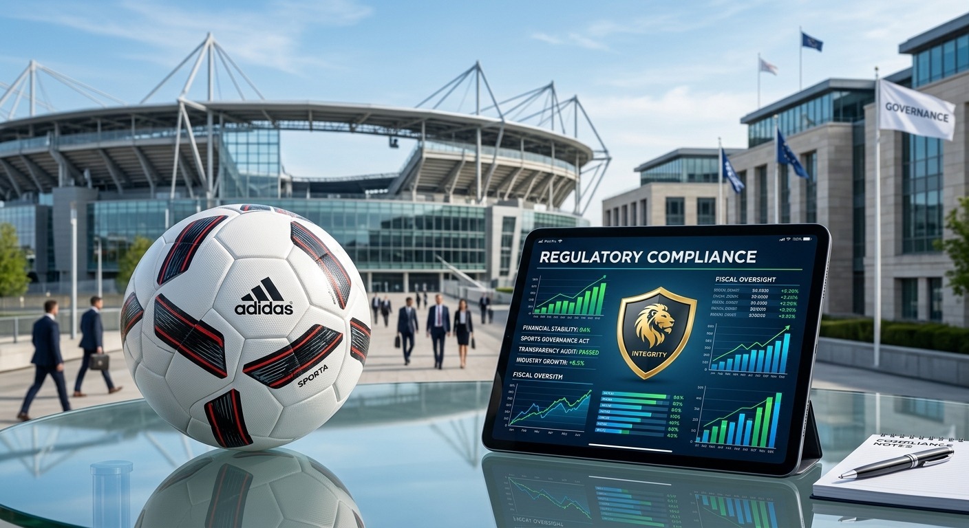 Bola de futebol e tablet com painel de conformidade regulatória em frente a um estádio e edifício de governança